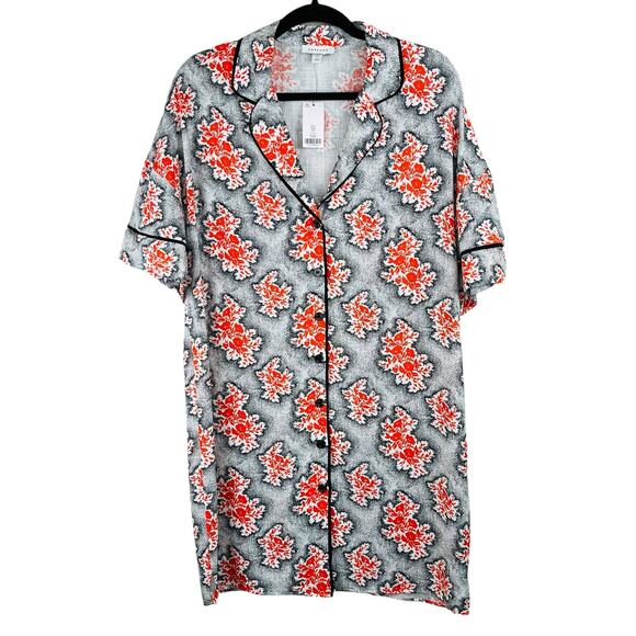Topshop Oversized Button Front Mini Shirt Dress Orange Black Floral Linen 6 NWT - Picture 1 of 14